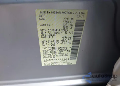 2015 Nissan Murano Sl из США, поврежденный, VIN 5N1AZ2MH2FN228109